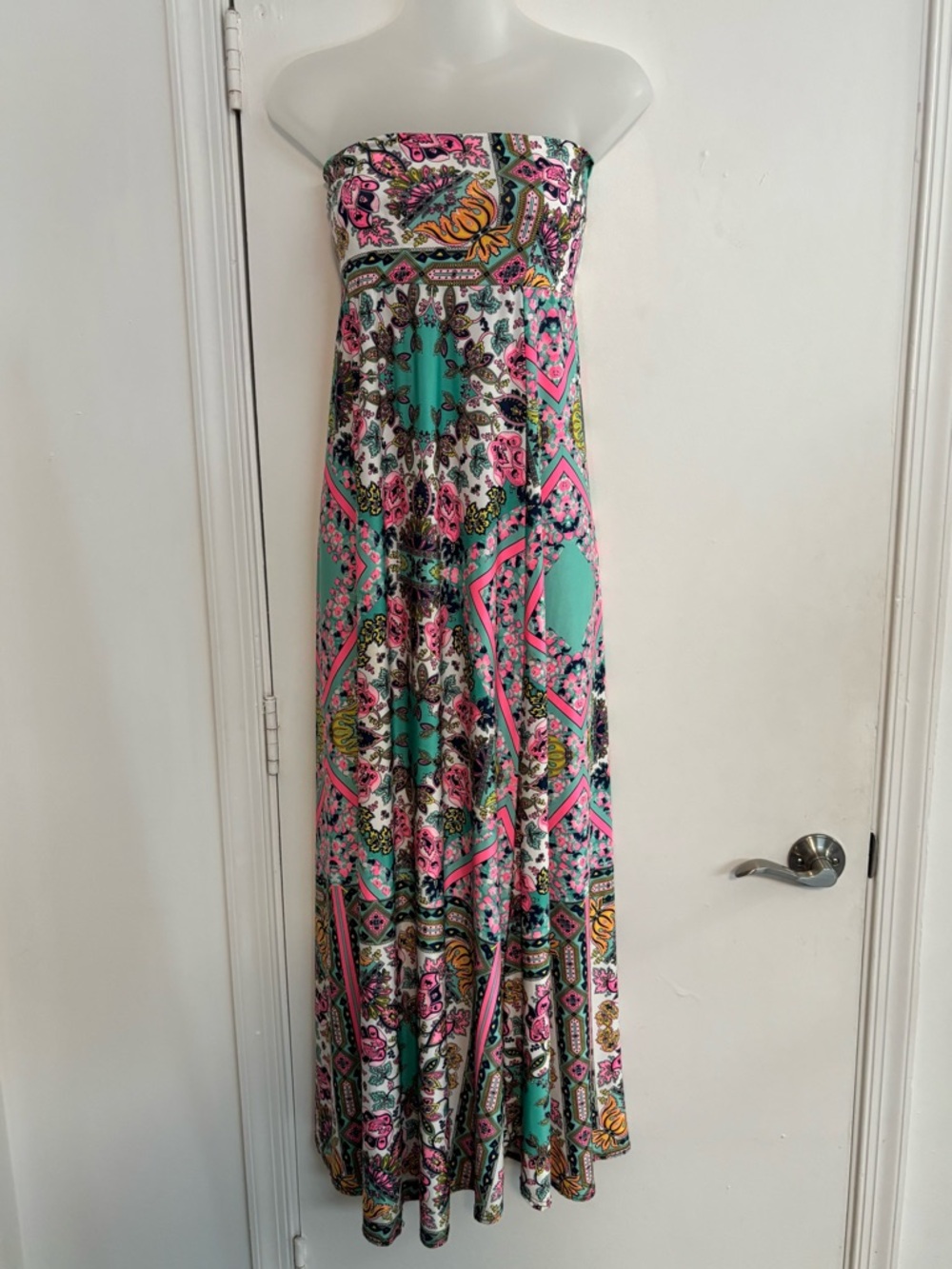 Strapless Maxi Dress in Teal & Pink